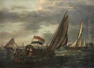 Small Dutch Sailing Vessels Near The Coastline Of The City Of Dordrecht, A Group Of Figures On The Shore In The Foreground by Adam Silo
