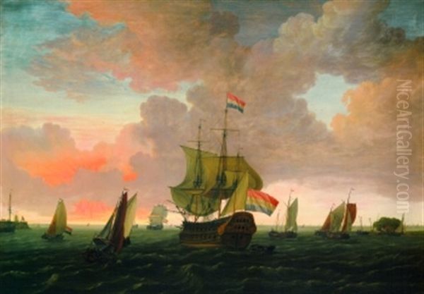 Hollandisches Kriegsschiff Und Zahlreiche Andere Segelschiffe In Einer Hafeneinfahrt - view 1