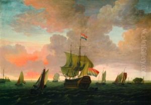 Hollandisches Kriegsschiff Und Zahlreiche Andere Segelschiffe In Einer Hafeneinfahrt