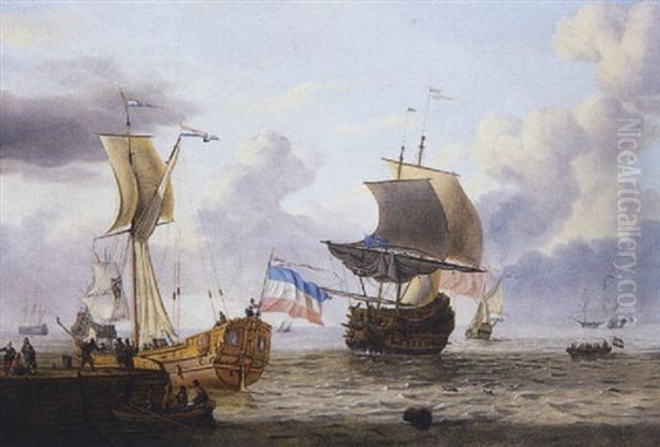 Navires De Haut Bord Au Mouillage Pres D'un Ponton Duquel S'approche Une Barque Chargee De Villageois - view 1