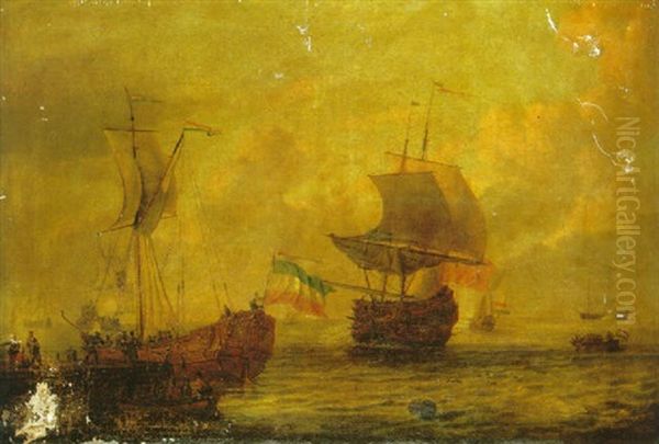 A Dutch States Yacht Moored To A Quay With Sailors In A Towing Boat In The Foreground, A British Man O'war And Other Vessels At Sea - view 1