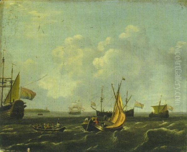 Segelboote, Ruderboot Und Niederlandische Dreimaster Vor Der Kuste - view 1