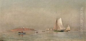 Quiet Coastal View With Schooners And Lighthouse by Francis Augustus Silva
