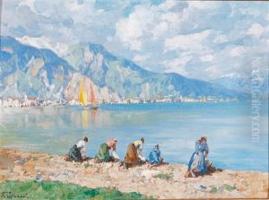 Washerwomen At Salo On Lake Garda by Ferdinando Silvani