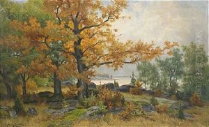 Landskap Med Sjo Och Trad I Hostfarger by Jacob Silven