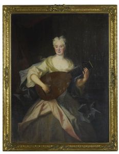 Portrait Of A Lady, Believed To Be Anna Constanze, Countess Of Cosel (1680 - 1765), Three-quarter Length, Dressed In Green And Pink Silks And Playing A Lute
