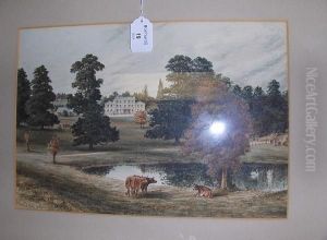 Cattle By A Pool In Parkland Before A House, 1856 by Edward Bradley