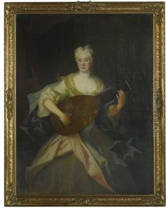 Portrait Of Anna Constanze, Countess Of Cosel (1680 - 1765), Three-quarter Length, Dressed In Green And Pink Silks Playing A Lute by Louis de Silvestre
