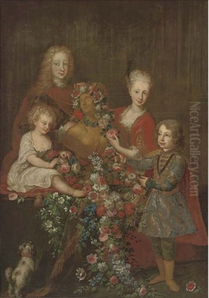 Group Portrait Of A Family With A Statue Garlanded In Flowers - view 1