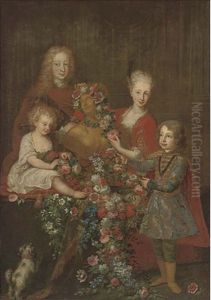 Group Portrait Of A Family With A Statue Garlanded In Flowers thumbnail