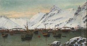 Scene From A Norwegian Fiord With Numerous Sailing Ships Anchored Off The Port by Sigvald Simensen