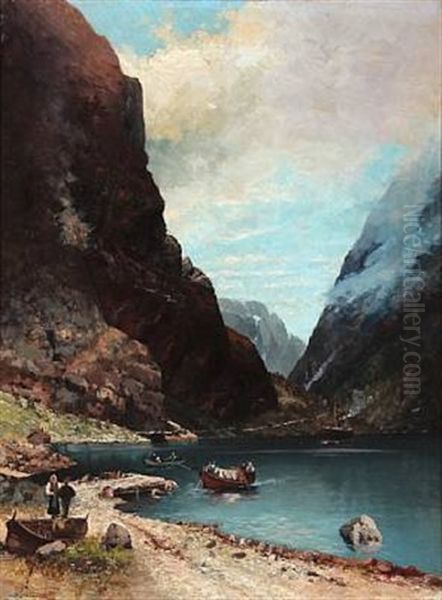 Norwegian Fiord Scene With People - view 1