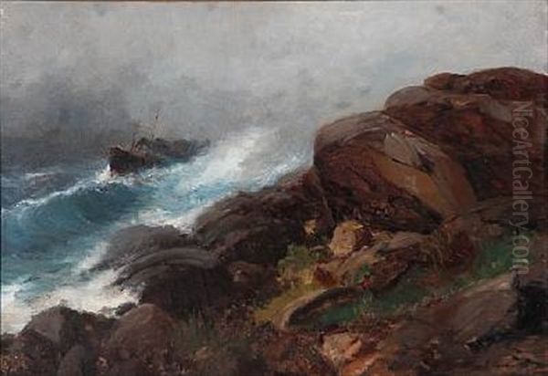 Rocky Coast With A Freight Ship In High Waves - view 1