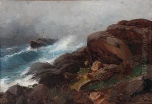 Rocky Coast With A Freight Ship In High Waves by Sigvald Simensen