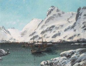 A Norwegian Fishing Village In The Snow by Sigvald Simensen