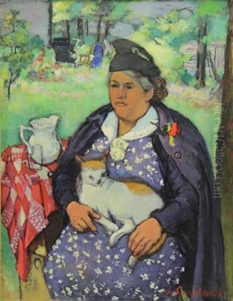 Woman With Cat In Garden - view 1