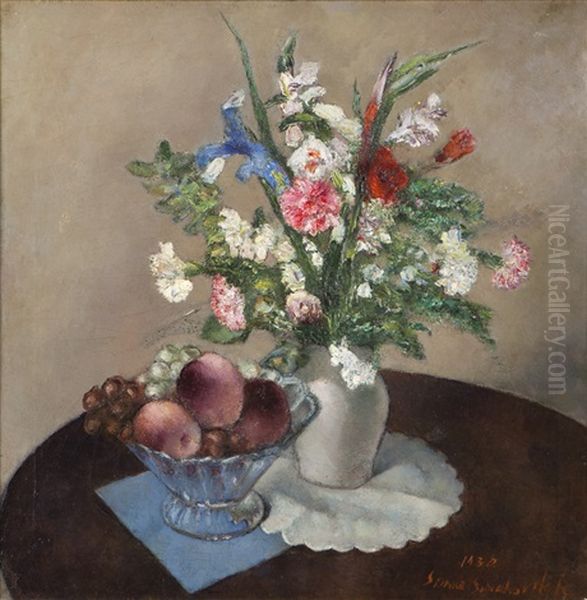 Flowers, Still Life With Flowers And Fruit On A Tabletop - view 1