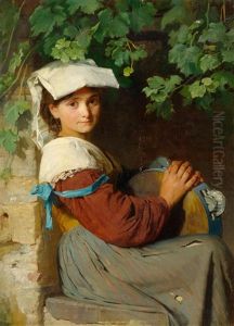 An Italian Woman With A Tambourine At A Window by Franz Xavier Simm