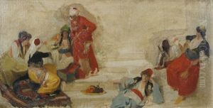 Orientalinnen In Bunten Gewandern Auf Treppe Gruppiert by Franz Xavier Simm
