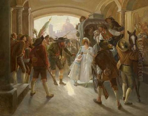 Andreas Hofer Im Kreis Seiner Bundesgenossen Beruhigt Ein Verangstigtes Madchen Und Dessen Mutter, Deren Kutsche In Der Durchfahrt Eines Innsbrucker Palastes Von Den Aufstandischen Aufgehalten Wurde - view 1