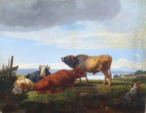 Viehstuck Mit Stier, Zwei Kuhen Und Schafen by Friedrich Karl Joseph Simmler