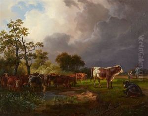 Meadow Landscape With Cattle, Shepherds And A Gathering Storm by Friedrich Karl Joseph Simmler