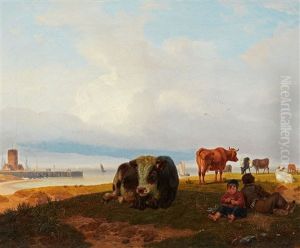 Coastal Landscape With Cattle And Shepherds by Friedrich Karl Joseph Simmler