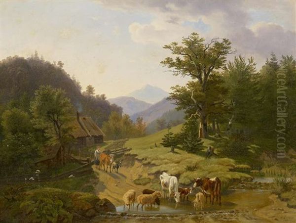 Gebirgslandschaft Mit Weidevieh An Einer Furt - view 1