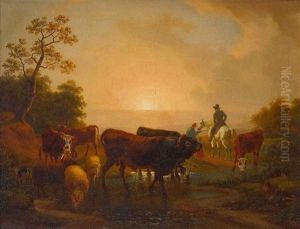Bauer Mit Kind Und Ein Vornehmer Reiter Und Vieh Im Abendlicht