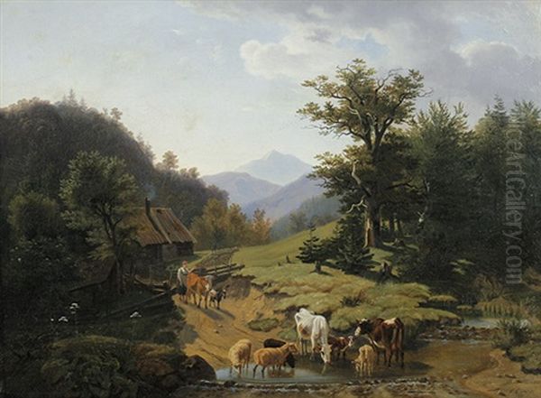Alpenlandschaft Mit Kuh- Und Schafherde An Einem Teich - view 1
