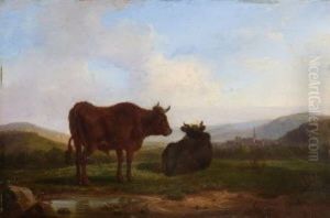 Rinder Am Wasser In Hugeliger Landschaft. Im Hintergrund Ein Dorf by Friedrich Karl Joseph Simmler