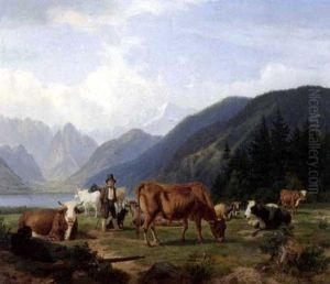 Berglandschaft Mit Kuhen Und Einem Hirten