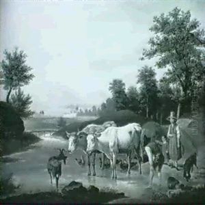 Bauernfamilie Mit Vieh An Der Furt by Friedrich Karl Joseph Simmler