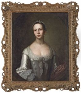 Portrait Of Ann Woodforde In A Grey Dress With Lace And Pearls by John Simmons