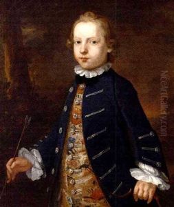 Portrait Of A Boy In A Blue Coat And Floral Waistcoat, Holding A Bow And Arrow, In A Wooded Landscape (master Best?) by John Simmons