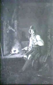 Der Wildschutz In Der Jagdhutte An Der Feuerstelle
