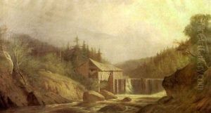 Rocky River Landscape With Waterfall And Mill Building by Hermann Gustave Simon