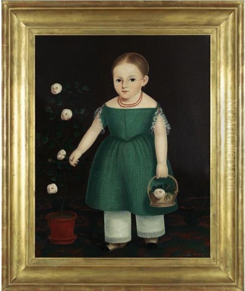 Portrait Of A Young Girl In Green Dress With Pot Of Flowers - view 1