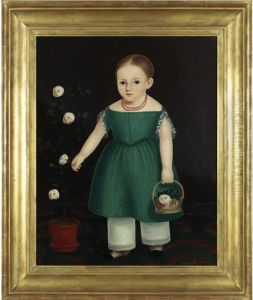 Portrait Of A Young Girl In Green Dress With Pot Of Flowers by John Bradley