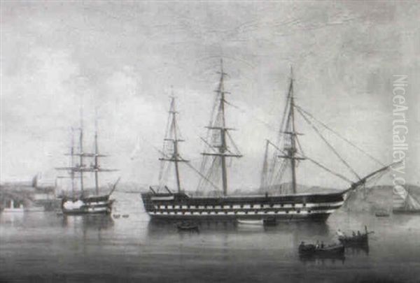 Men Of War At Anchor Off Valetta Harbour - view 1