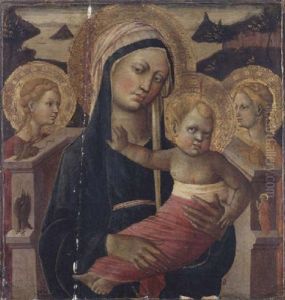 Madonna And Child Enthroned, Flanked By Two Female Saints And The Symbols Of The Four Evangelists by Giovanni di Ser Giovanni di (lo Scheggia) Simone