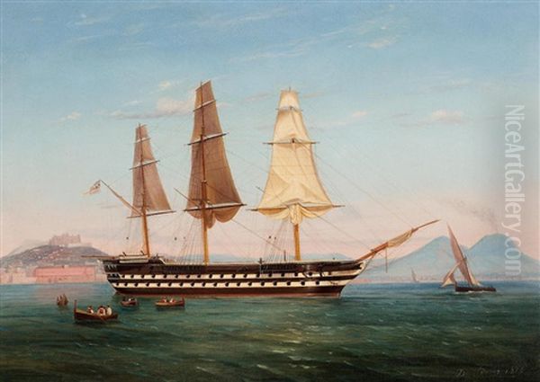 H.m.s Revenge With Her Funnel Down And Drying Her Sails Off The Coast Of Naples - view 1