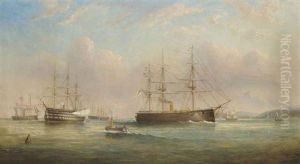 Royal Navy Ships Of The Duke Of Wellington Class Lying At Anchor At Spithead, With One Firing A Salute To Acknowledge The Departure Of An Admiral On Board by Tommaso de Simone