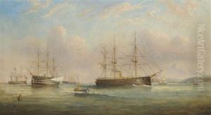 Royal Navy Ships Of The Duke Of Wellington Class Lying At Anchor At Spithead, With One Firing A Salute To Acknowledge The Departure Of An Admiral... by Tommaso de Simone