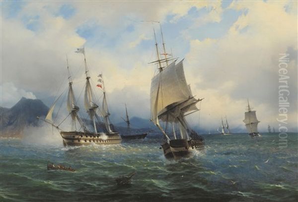 Warships And Other Shipping Off A Coastline - view 1