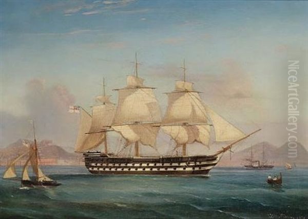 A Two-decker Of The Mediterranean Fleet In Naples Bay, With A French Paddle-steamer Off Her Port Bow - view 1