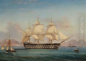 A Two-decker Of The Mediterranean Fleet In Naples Bay, With A French Paddle-steamer Off Her Port Bow by Tommaso de Simone