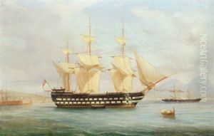 H.m.s. "centurion" In The Bay Of Naples With A Paddle Steamer