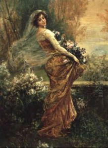 A Young Woman Holding Flowers by Ettore Simonetti