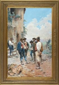Romische Landarbeiter Beim Fingerknobeln (stein, Papier, Schere) Im Hof Mit Weitem Blick In Die Landschaft
